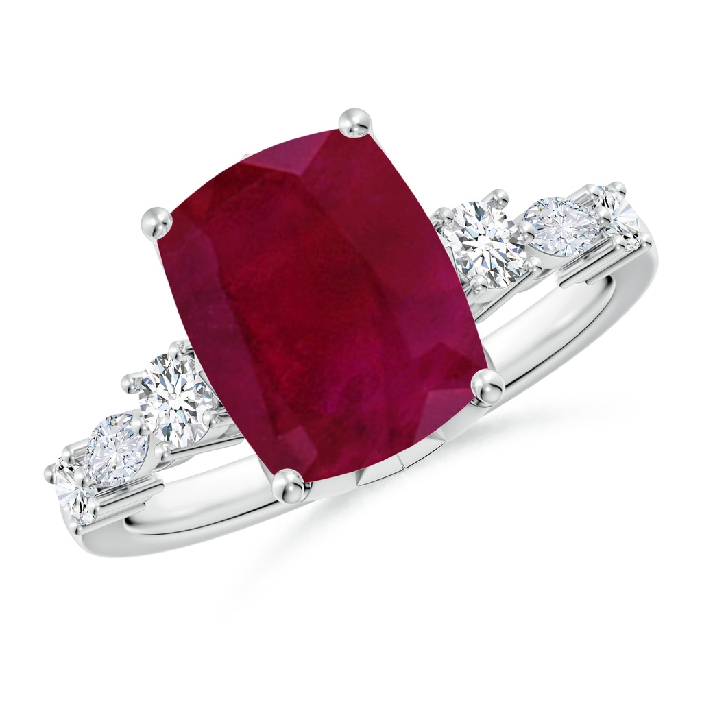 10x8mm A Classic Cushion Rectangular Ruby Side Stone Engagement Ring in White Gold