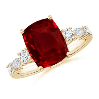 10x8mm AAAA Classic Cushion Rectangular Ruby Side Stone Engagement Ring in 9K Yellow Gold