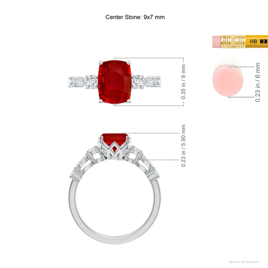 9x7mm AAA Classic Cushion Rectangular Ruby Side Stone Engagement Ring in White Gold ruler
