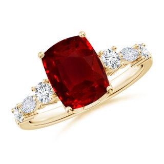 9x7mm AAAA Classic Cushion Rectangular Ruby Side Stone Engagement Ring in 18K Yellow Gold