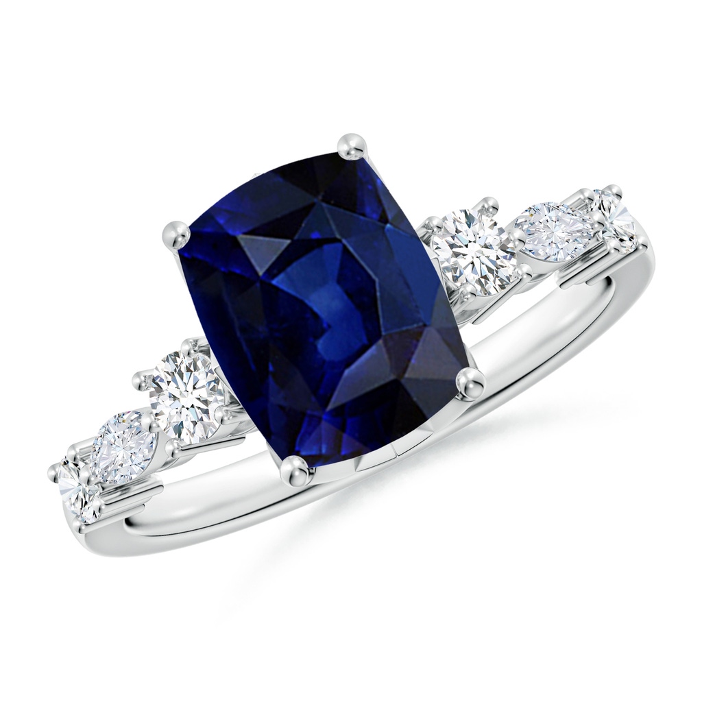 9x7mm AAA Classic Cushion Rectangular Blue Sapphire Side Stone Engagement Ring in White Gold