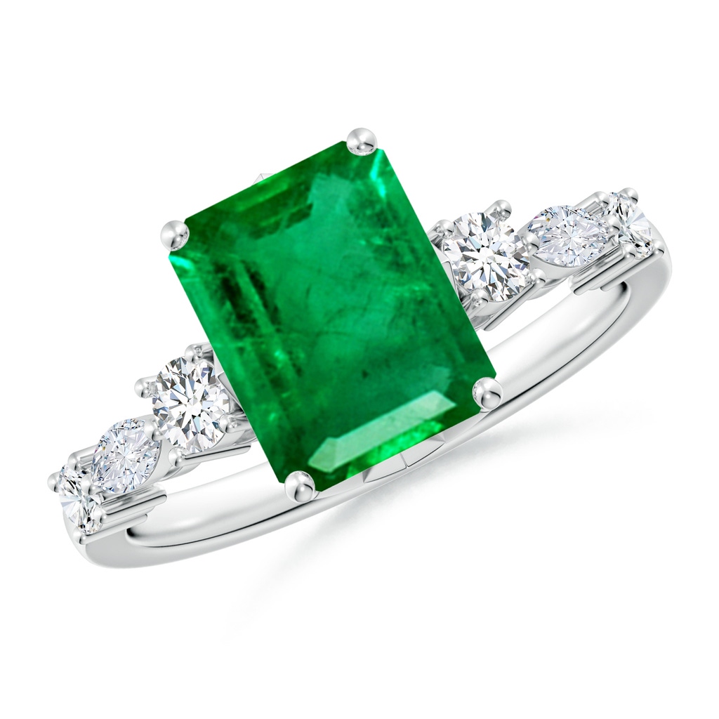 9x7mm AAA Classic Emerald-Cut Emerald Side Stone Engagement Ring in White Gold