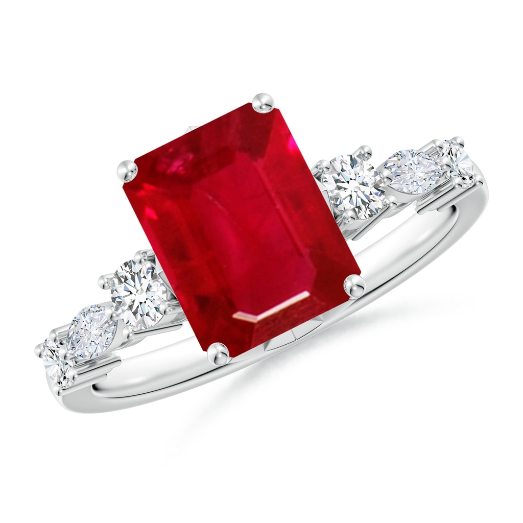 9x7mm AAA Classic Emerald-Cut Ruby Side Stone Engagement Ring in White Gold