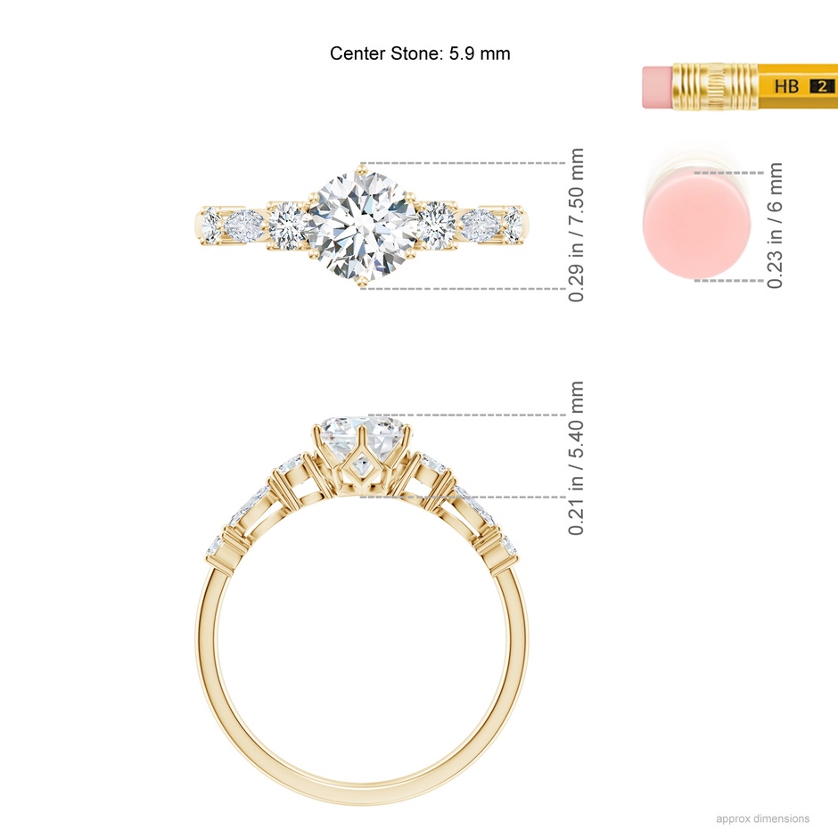 5.9mm GVS2 Classic Round Diamond Side Stone Engagement Ring in Yellow Gold ruler