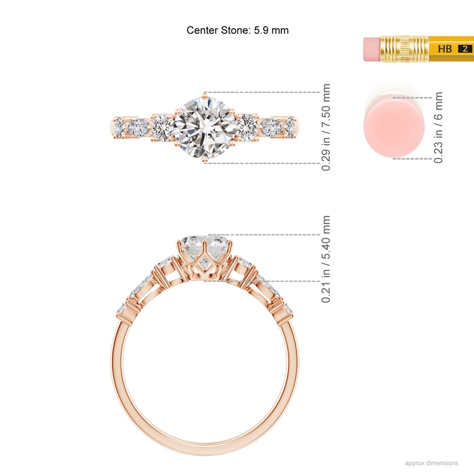 5.9mm IJI1I2 Classic Round Diamond Side Stone Engagement Ring in Rose Gold ruler
