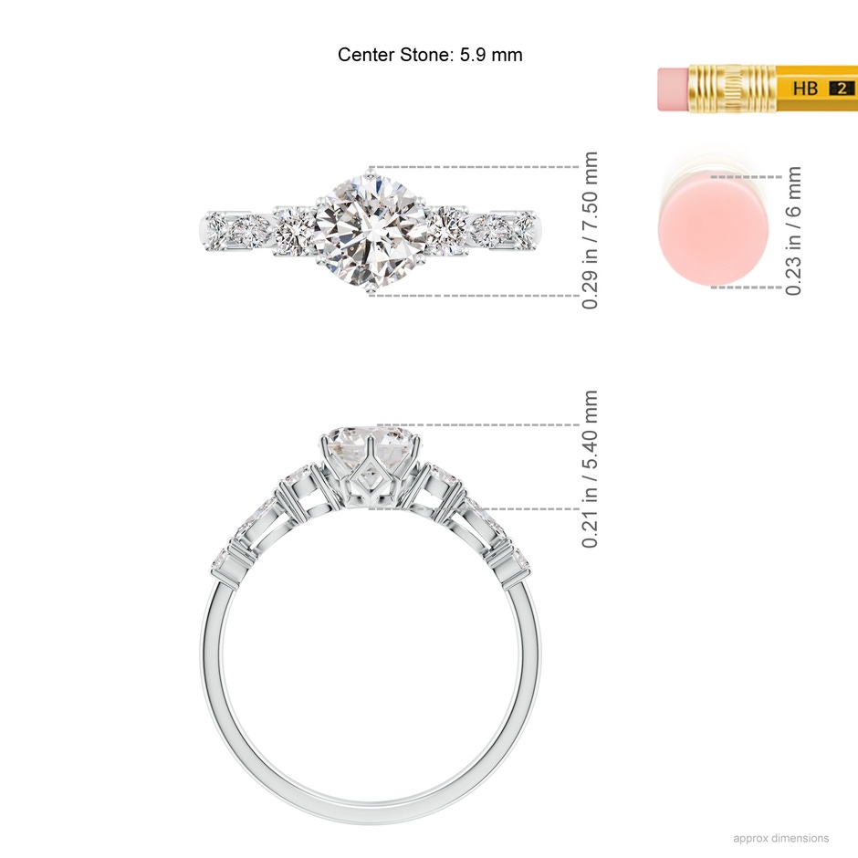 5.9mm IJI1I2 Classic Round Diamond Side Stone Engagement Ring in White Gold ruler