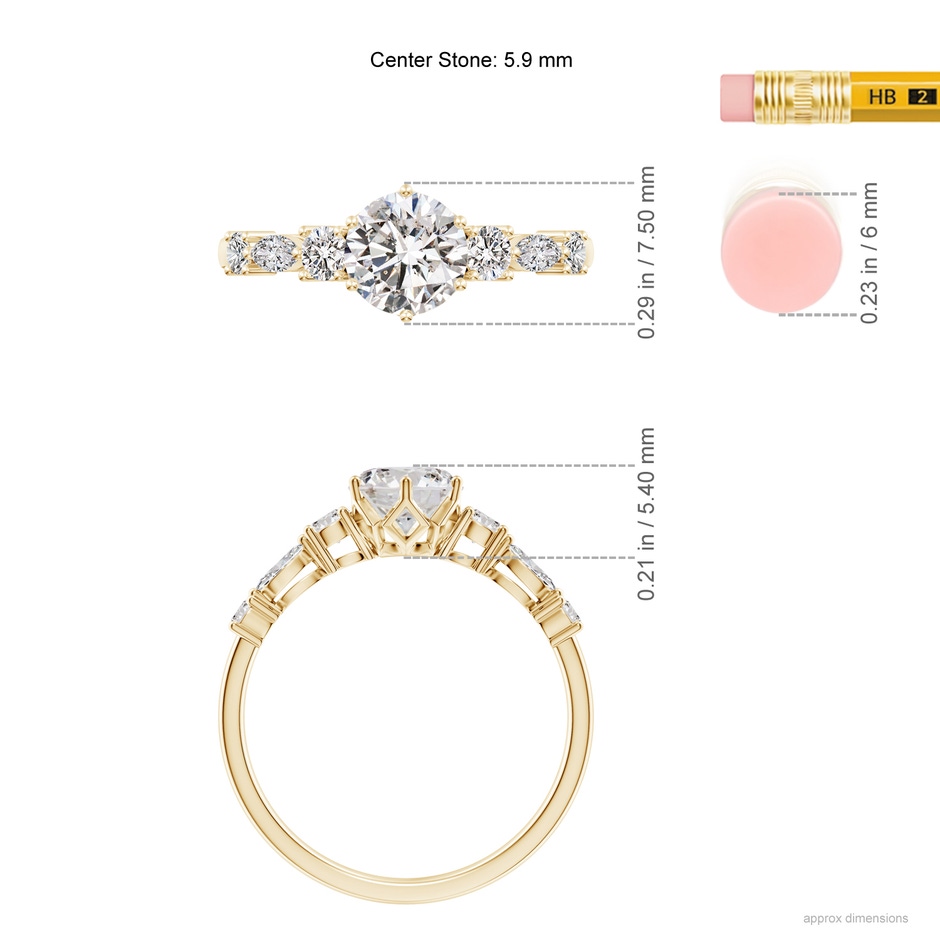 5.9mm IJI1I2 Classic Round Diamond Side Stone Engagement Ring in Yellow Gold ruler