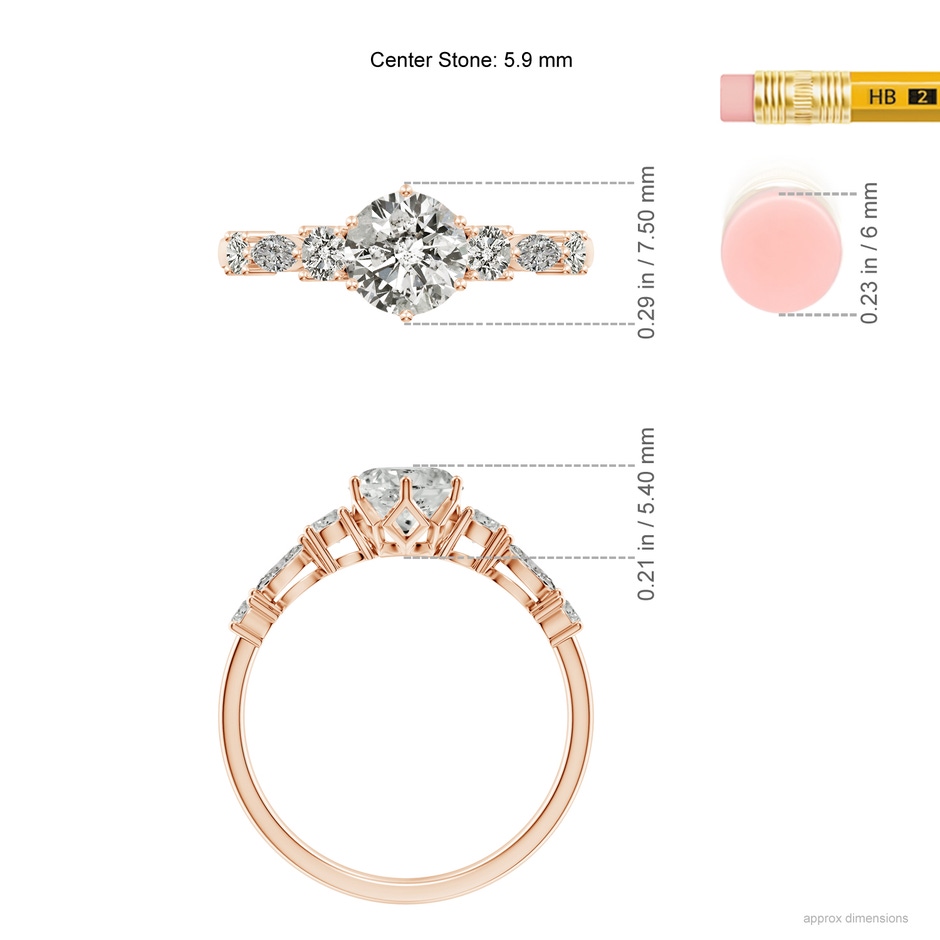 5.9mm KI3 Classic Round Diamond Side Stone Engagement Ring in Rose Gold ruler