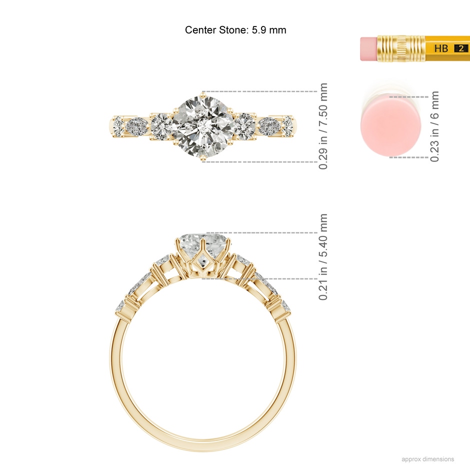 5.9mm KI3 Classic Round Diamond Side Stone Engagement Ring in Yellow Gold ruler