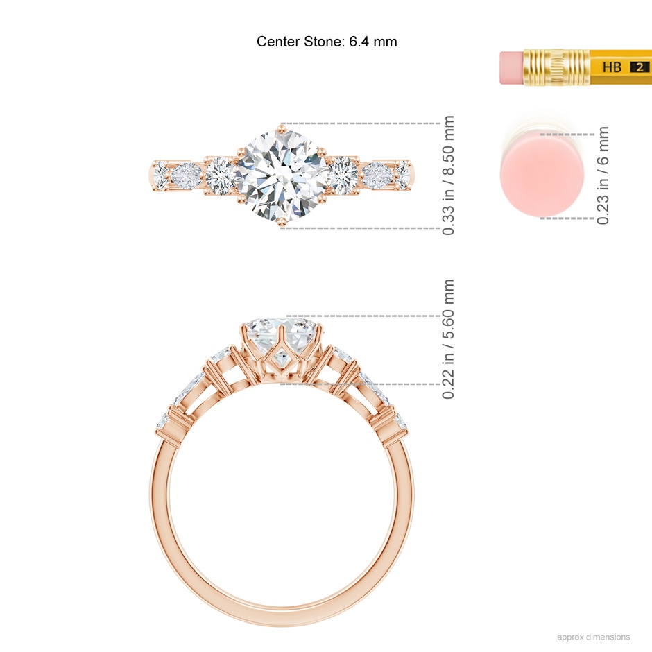 6.4mm GVS2 Classic Round Diamond Side Stone Engagement Ring in Rose Gold ruler
