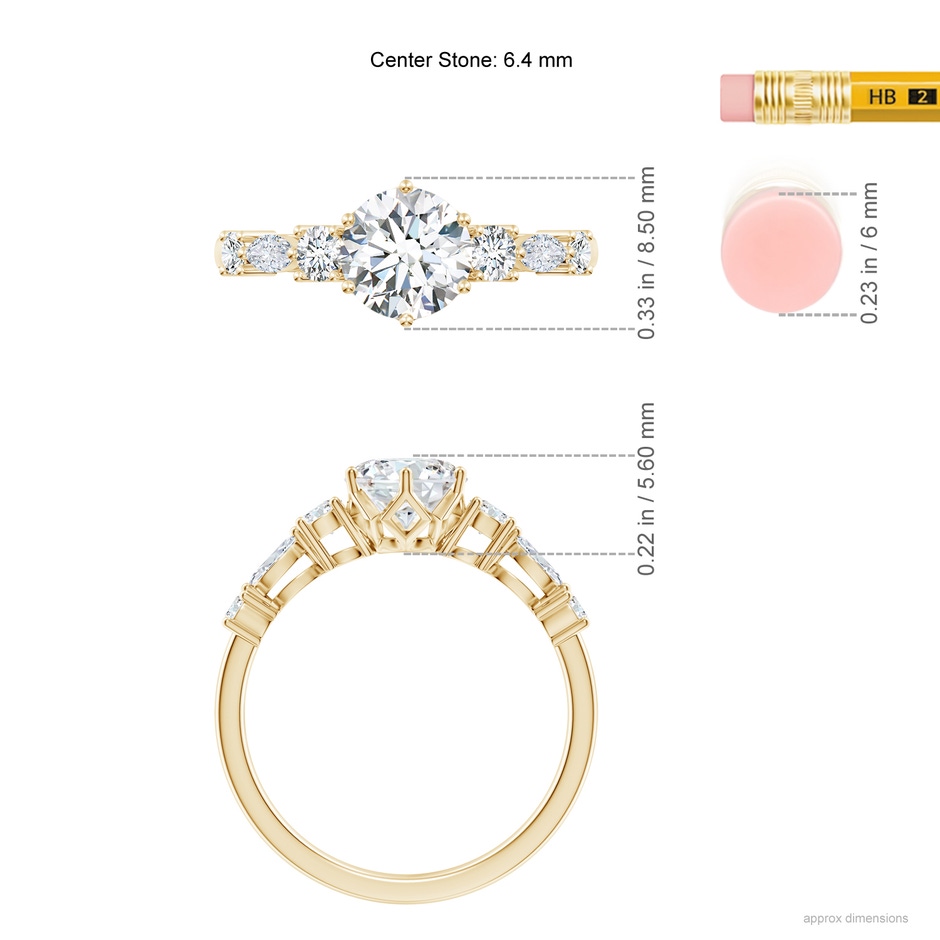 6.4mm GVS2 Classic Round Diamond Side Stone Engagement Ring in Yellow Gold ruler