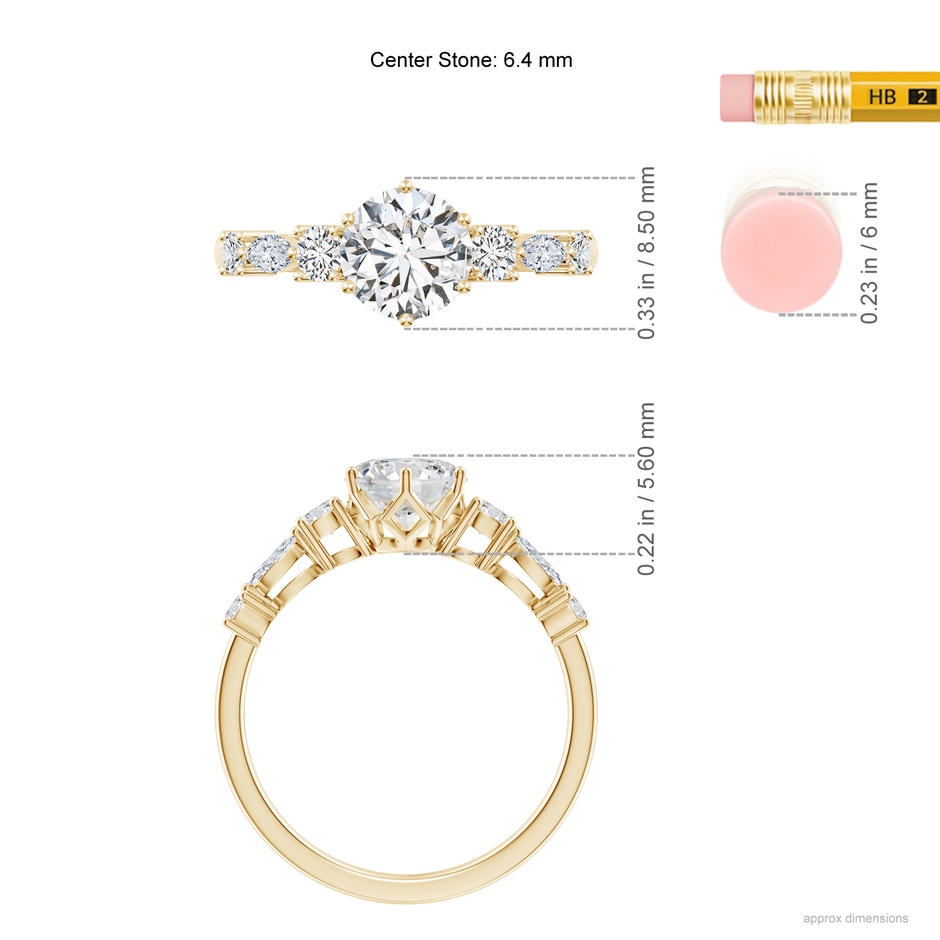 6.4mm HSI2 Classic Round Diamond Side Stone Engagement Ring in Yellow Gold ruler