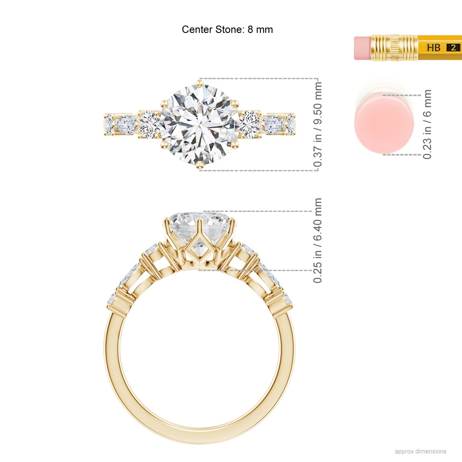 8mm HSI2 Classic Round Diamond Side Stone Engagement Ring in Yellow Gold ruler