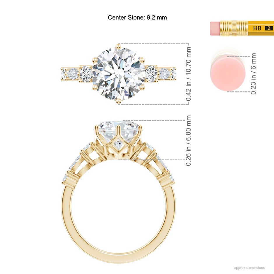 9.2mm GVS2 Classic Round Diamond Side Stone Engagement Ring in Yellow Gold ruler