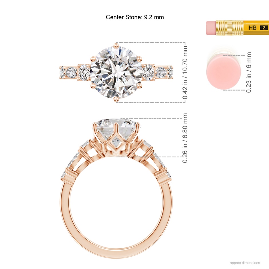 9.2mm IJI1I2 Classic Round Diamond Side Stone Engagement Ring in Rose Gold ruler