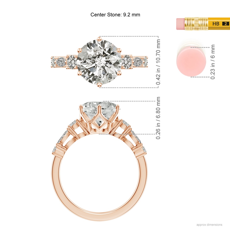 9.2mm KI3 Classic Round Diamond Side Stone Engagement Ring in 18K Rose Gold ruler