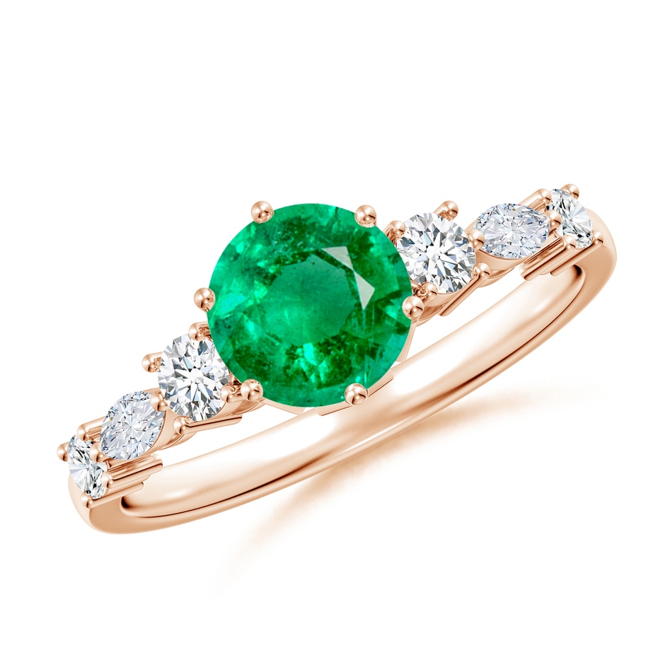6.5mm AAA Classic Round Emerald Side Stone Engagement Ring in Rose Gold 