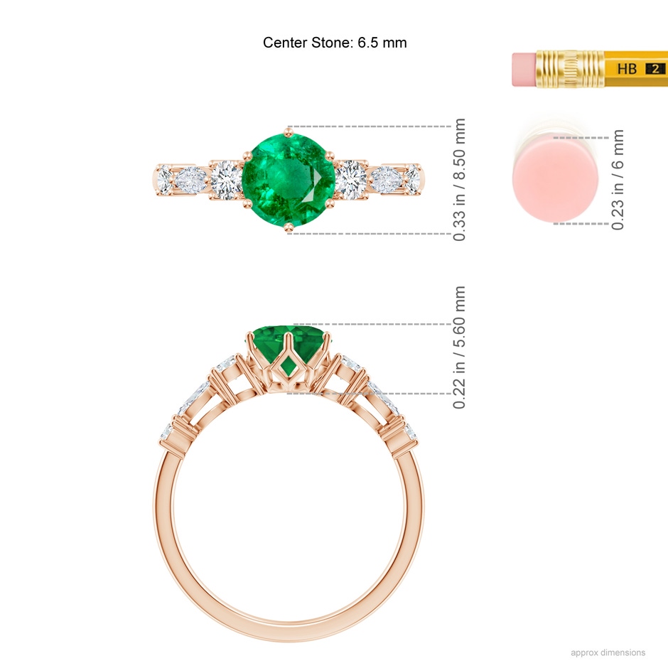 6.5mm AAA Classic Round Emerald Side Stone Engagement Ring in Rose Gold ruler