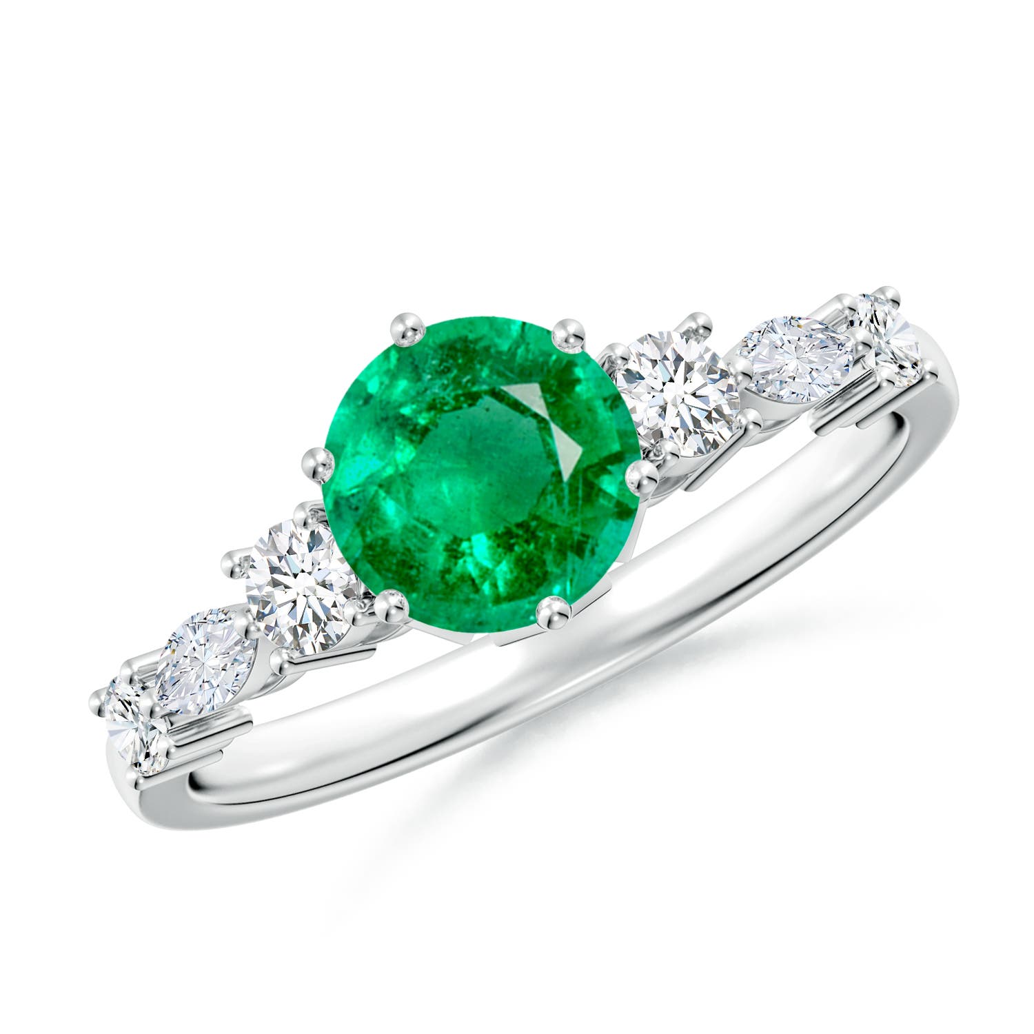 6.5mm AAA Classic Round Emerald Side Stone Engagement Ring in White Gold