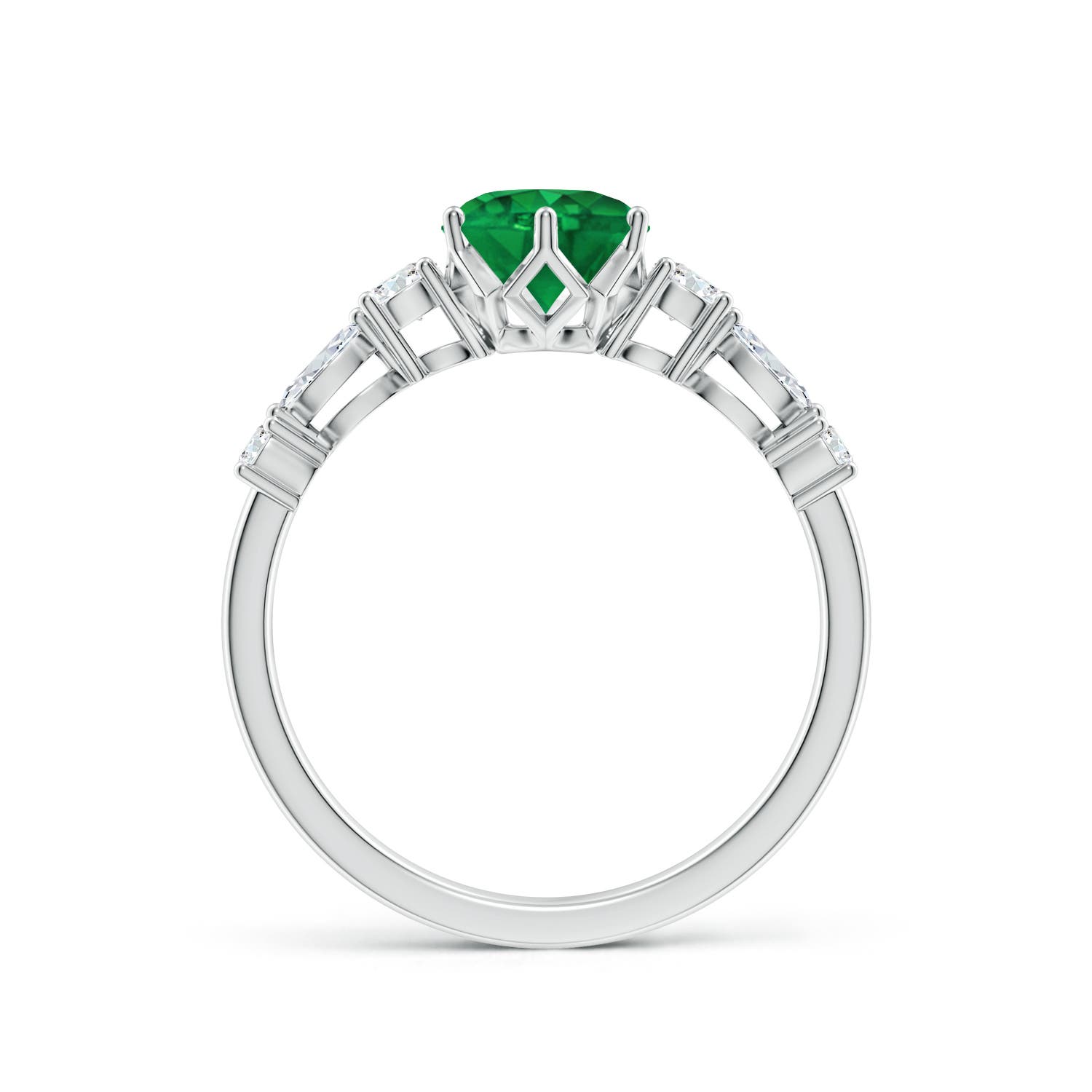 6.5mm AAA Classic Round Emerald Side Stone Engagement Ring in White Gold