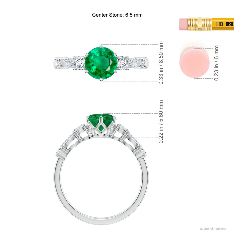 6.5mm AAA Classic Round Emerald Side Stone Engagement Ring in White Gold ruler