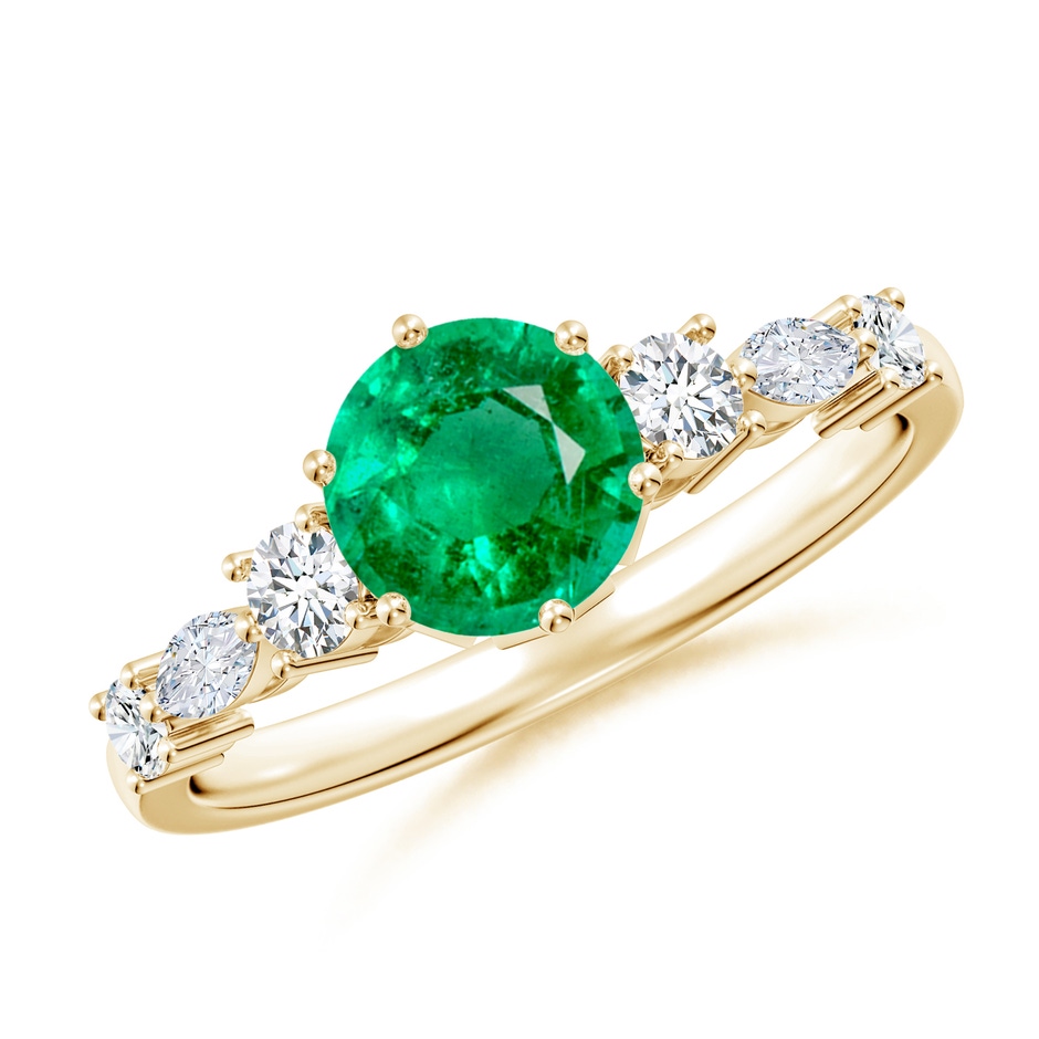 6.5mm AAA Classic Round Emerald Side Stone Engagement Ring in Yellow Gold 