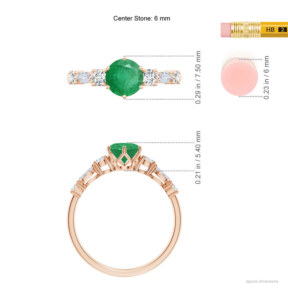 6mm A Classic Round Emerald Side Stone Engagement Ring in Rose Gold ruler