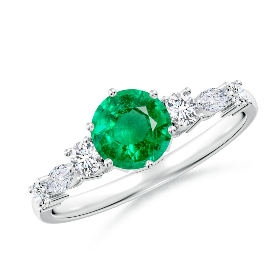 6mm AAA Classic Round Emerald Side Stone Engagement Ring in White Gold 