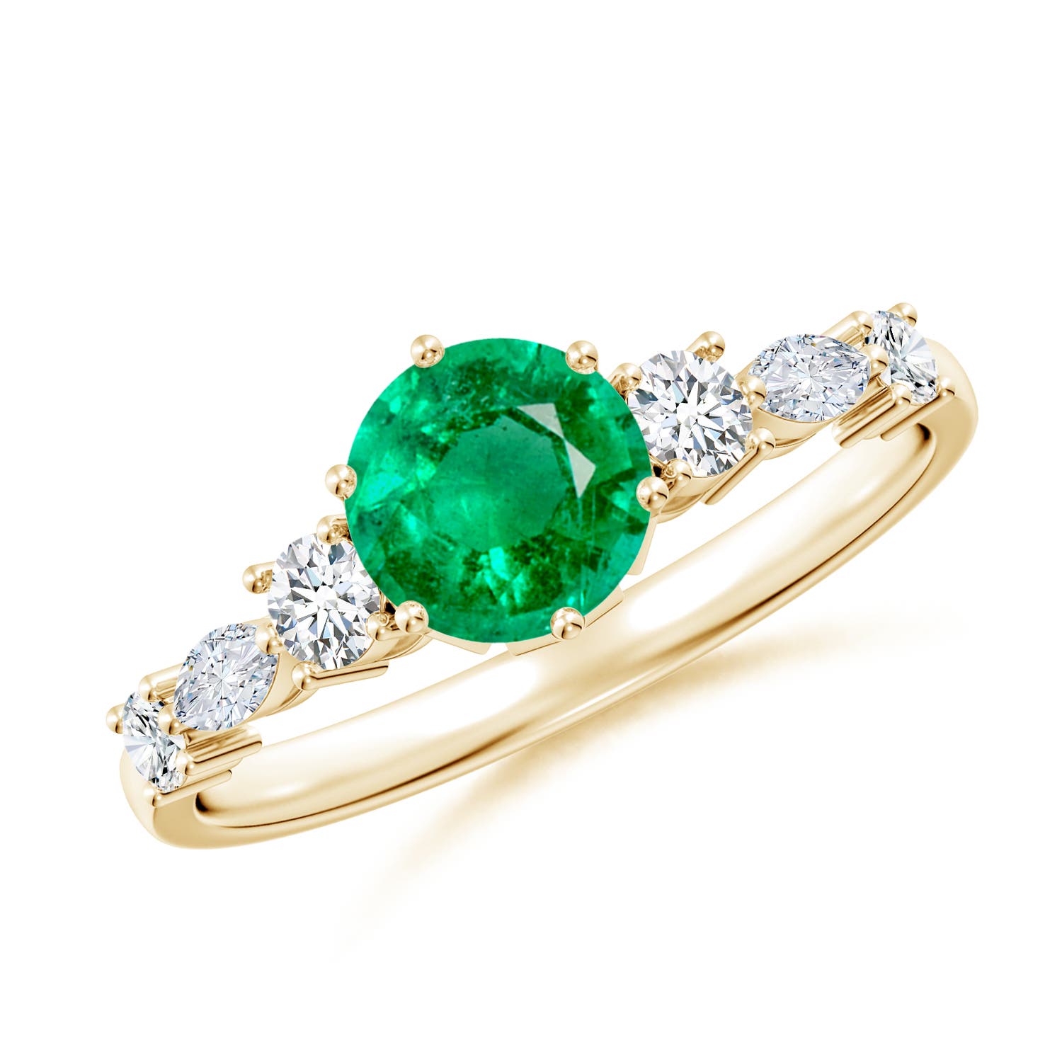 6mm AAA Classic Round Emerald Side Stone Engagement Ring in Yellow Gold