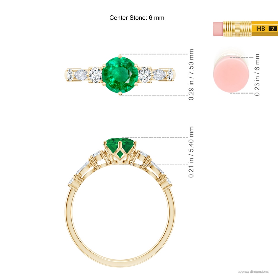 6mm AAA Classic Round Emerald Side Stone Engagement Ring in Yellow Gold ruler