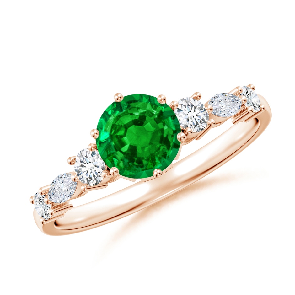 6mm AAAA Classic Round Emerald Side Stone Engagement Ring in Rose Gold 