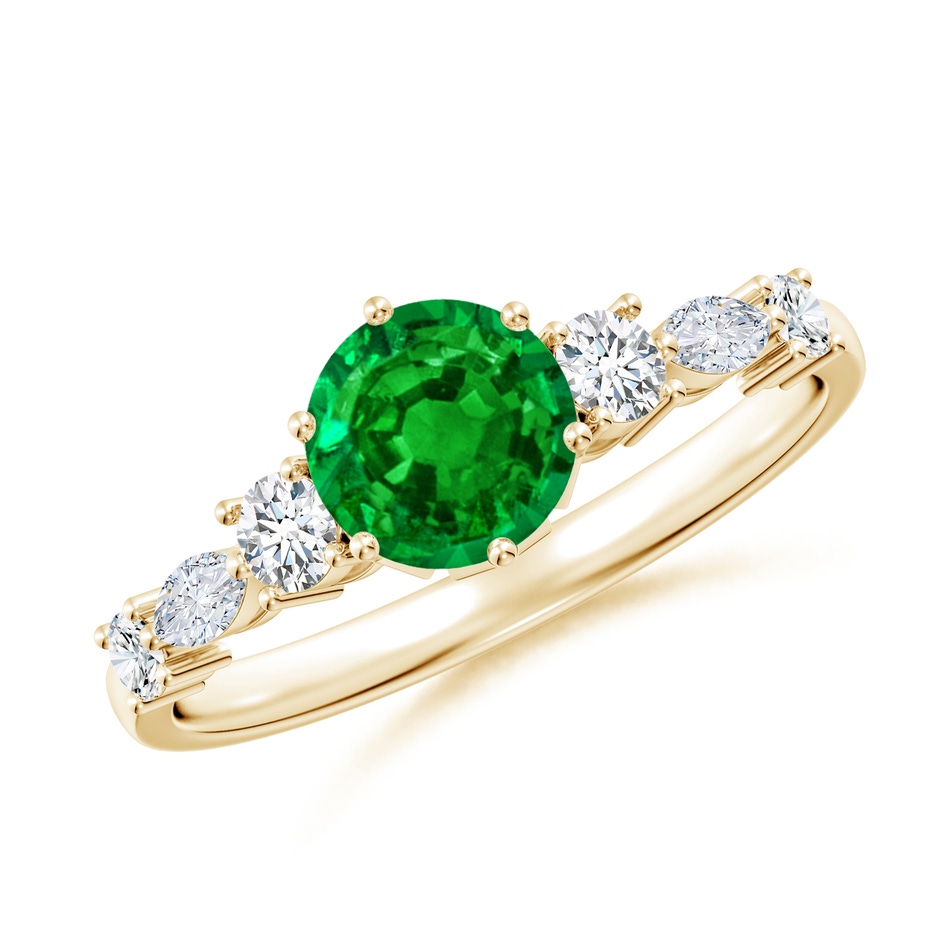 6mm AAAA Classic Round Emerald Side Stone Engagement Ring in Yellow Gold 