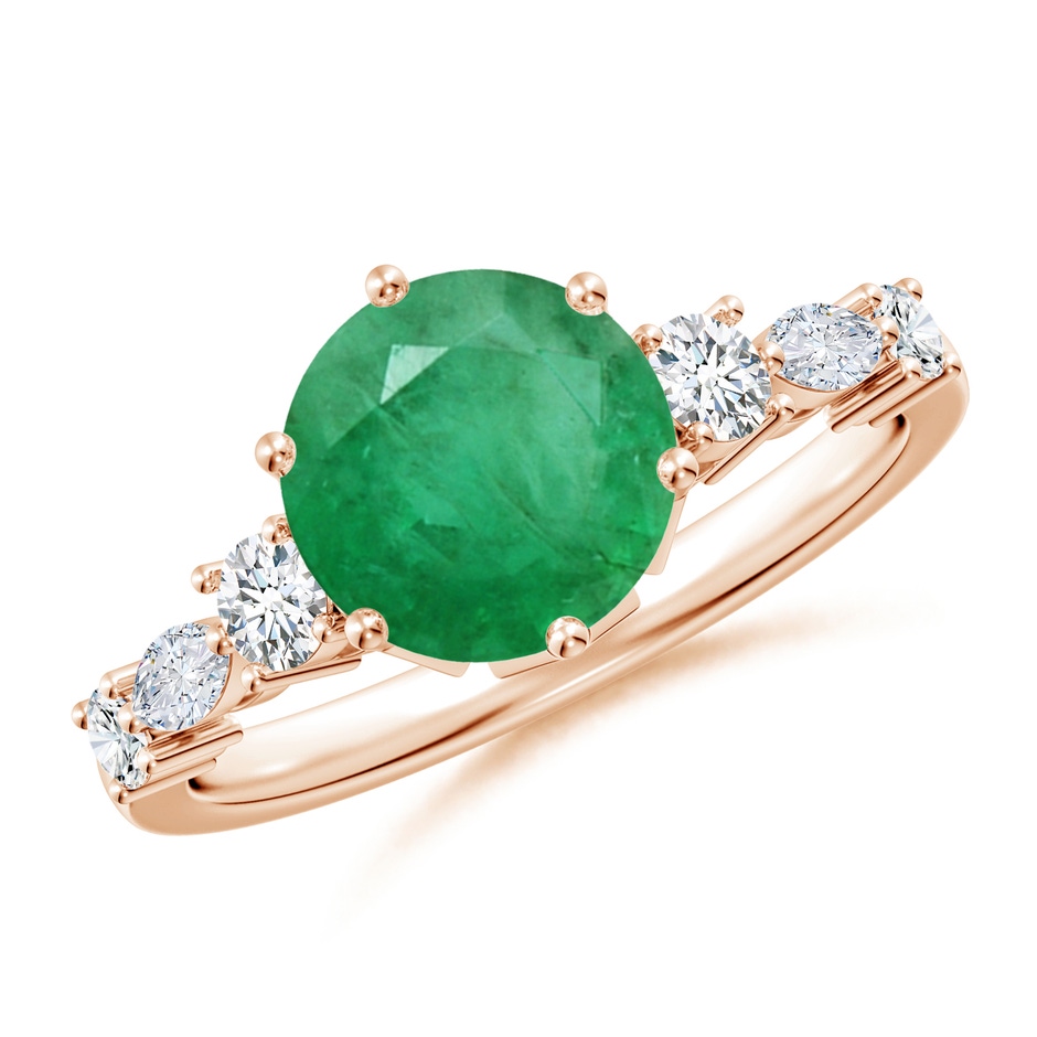 8mm A Classic Round Emerald Side Stone Engagement Ring in Rose Gold 