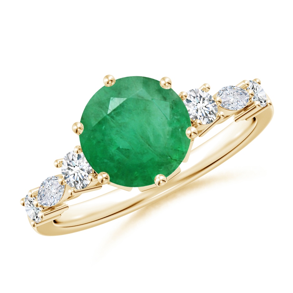 8mm A Classic Round Emerald Side Stone Engagement Ring in Yellow Gold 
