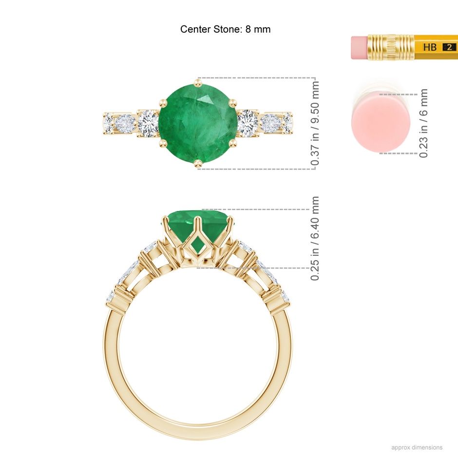 8mm A Classic Round Emerald Side Stone Engagement Ring in Yellow Gold ruler