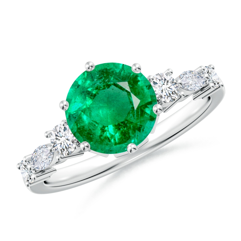 8mm AAA Classic Round Emerald Side Stone Engagement Ring in White Gold 