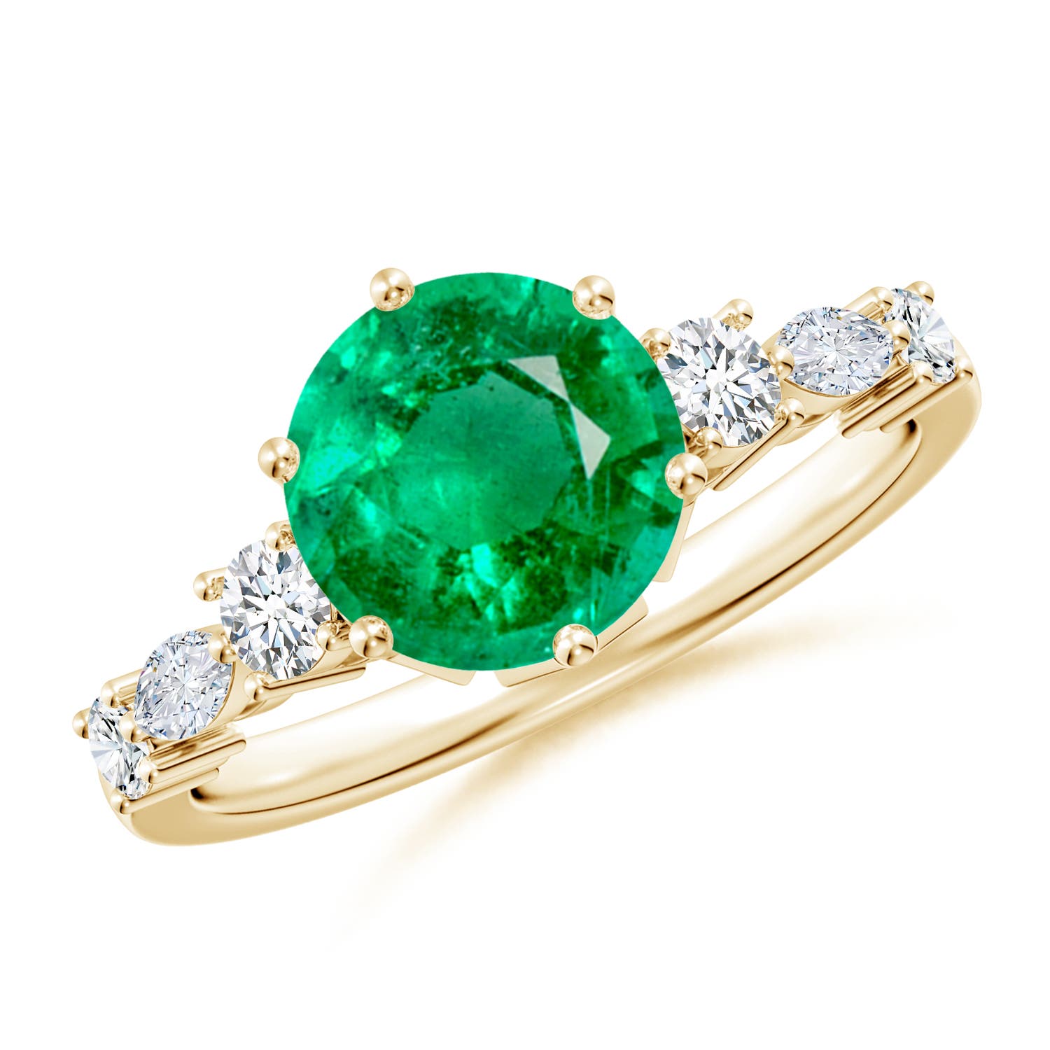 8mm AAA Classic Round Emerald Side Stone Engagement Ring in Yellow Gold