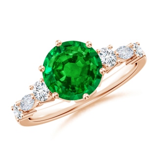 8mm AAAA Classic Round Emerald Side Stone Engagement Ring in 18K Rose Gold