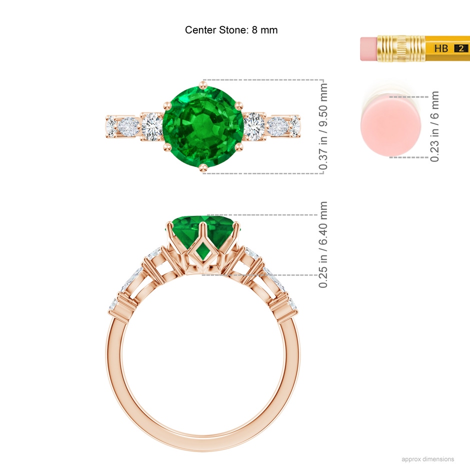8mm AAAA Classic Round Emerald Side Stone Engagement Ring in 18K Rose Gold ruler