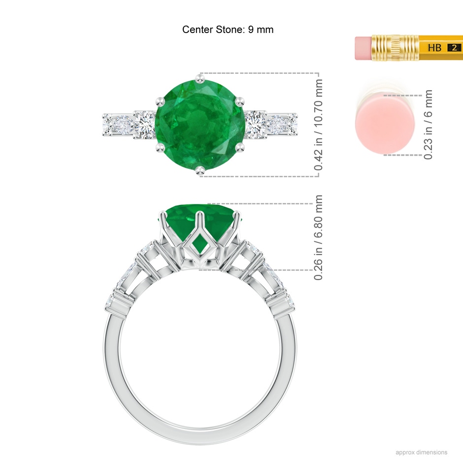 9mm AA Classic Round Emerald Side Stone Engagement Ring in P950 Platinum ruler