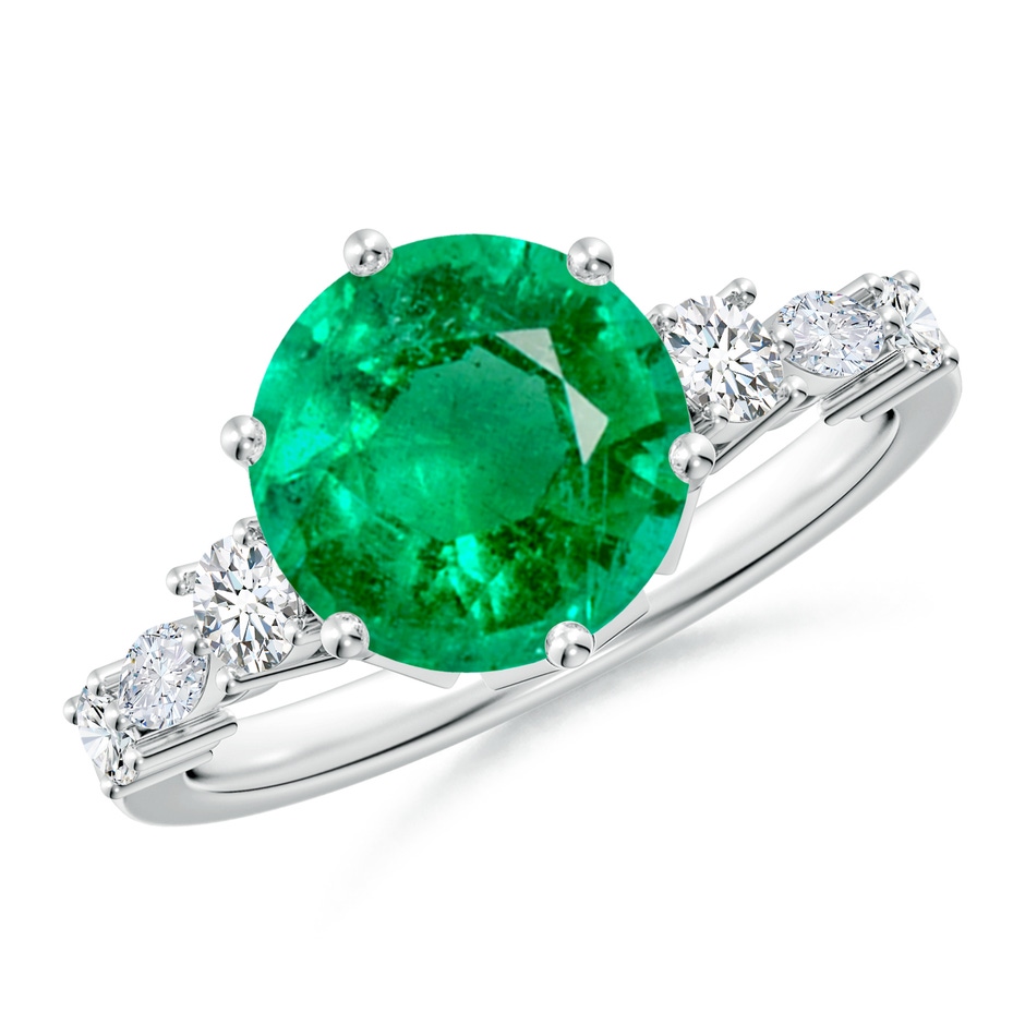 9mm AAA Classic Round Emerald Side Stone Engagement Ring in White Gold 