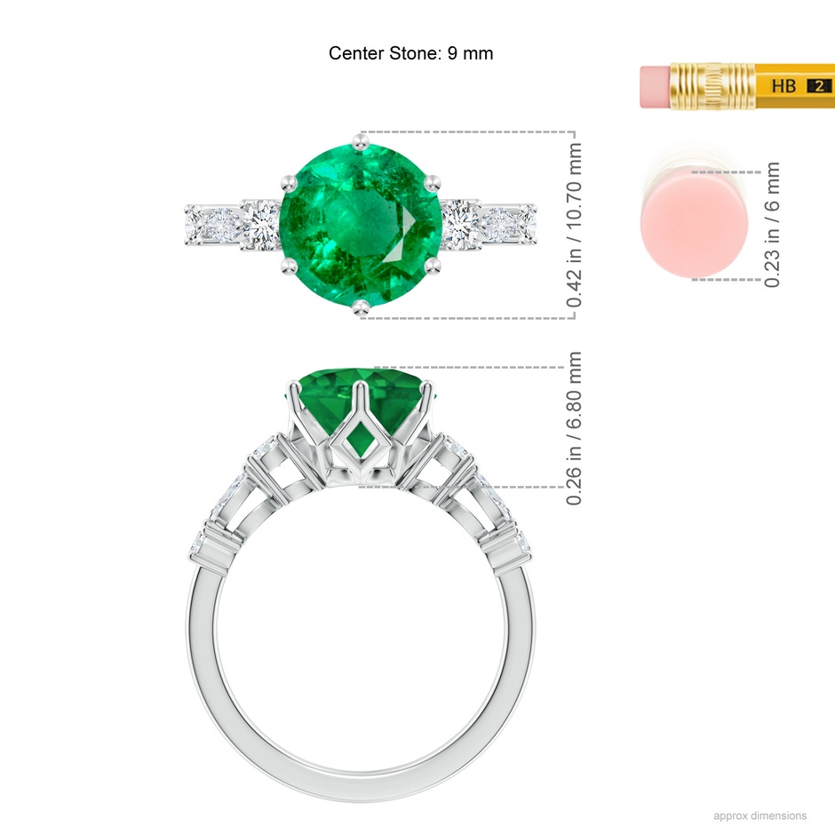 9mm AAA Classic Round Emerald Side Stone Engagement Ring in White Gold ruler