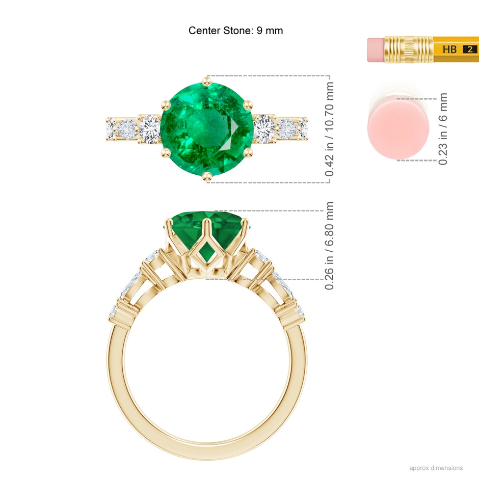 9mm AAA Classic Round Emerald Side Stone Engagement Ring in Yellow Gold ruler