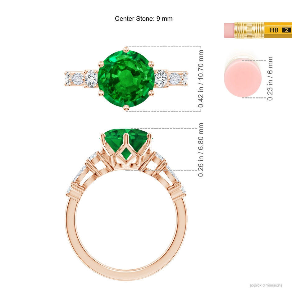 9mm AAAA Classic Round Emerald Side Stone Engagement Ring in Rose Gold ruler