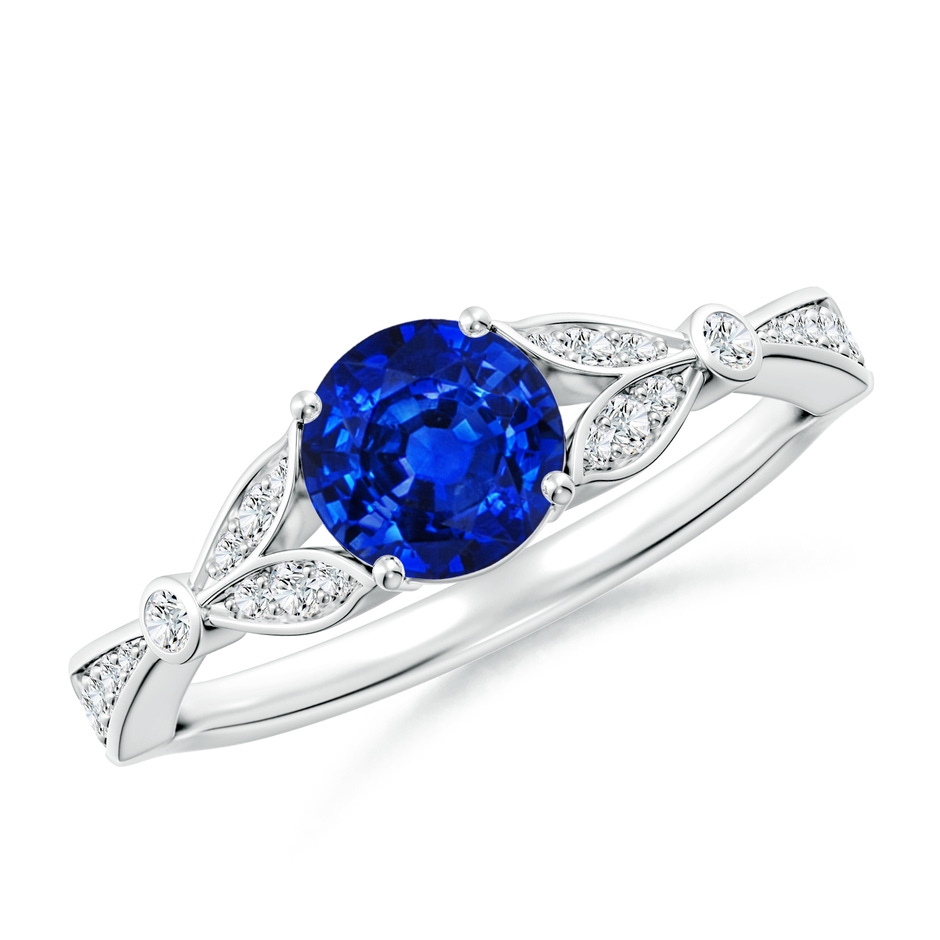 6mm Lab-Grown Nature-Inspired Round Blue Sapphire Engagement Ring with Leaf Motifs in 18K White Gold 