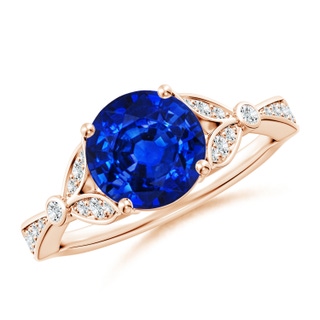 8mm AAAA Nature-Inspired Round Blue Sapphire Engagement Ring with Leaf Motifs in 9K Rose Gold