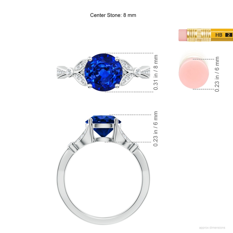 8mm Lab-Grown Nature-Inspired Round Blue Sapphire Engagement Ring with Leaf Motifs in White Gold ruler