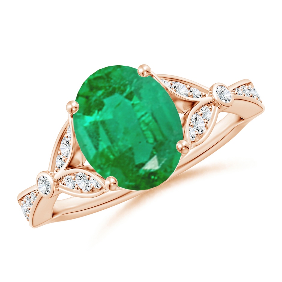 10x8mm AA Nature-Inspired Oval Emerald Engagement Ring with Leaf Motifs in 18K Rose Gold 