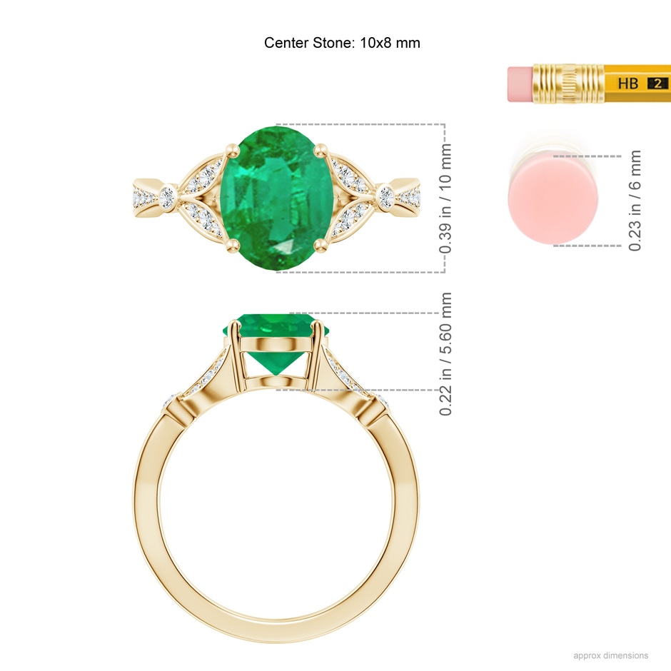 10x8mm AA Nature-Inspired Oval Emerald Engagement Ring with Leaf Motifs in Yellow Gold ruler