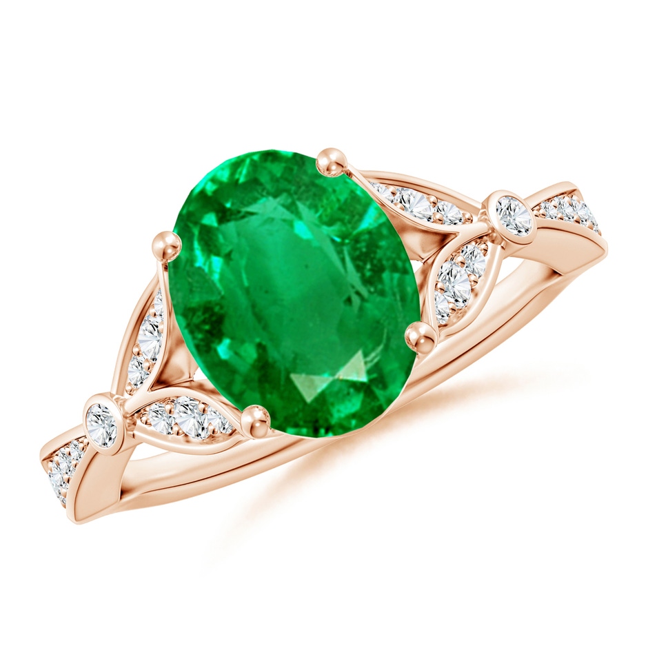 10x8mm AAA Nature-Inspired Oval Emerald Engagement Ring with Leaf Motifs in 18K Rose Gold 